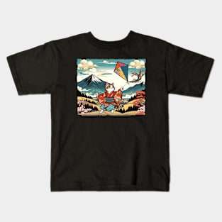 Vintage Japanese Art Kite Lover Playful Kid Cute Cat Kids T-Shirt